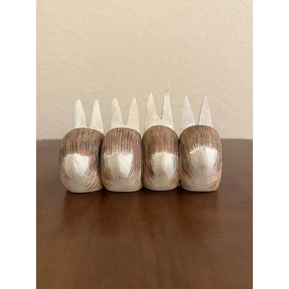 Vintage Hand Carved Wood Bunny Rabbit Napkin Rings Set of 4 Painted Philippines